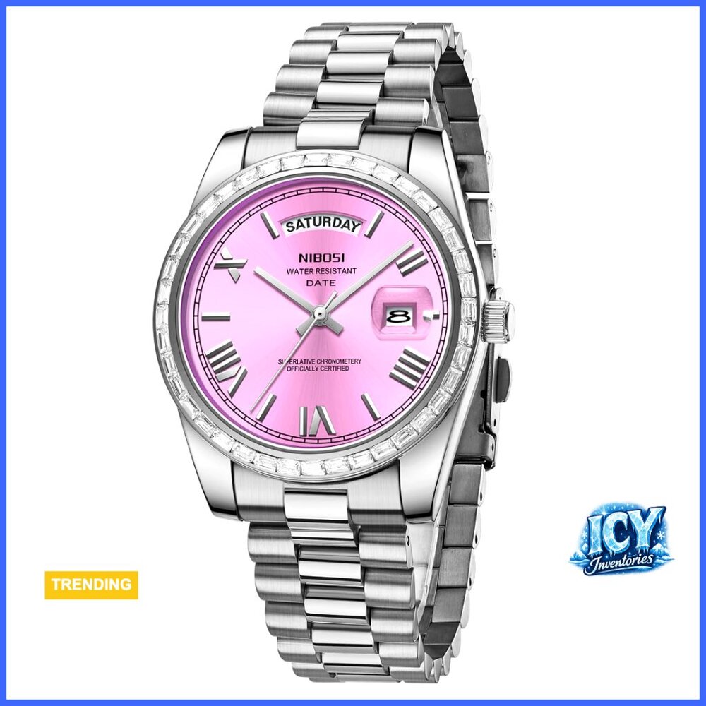 Mens Stainless Steel Analog Quartz Dress Watch With Diamond Bezel